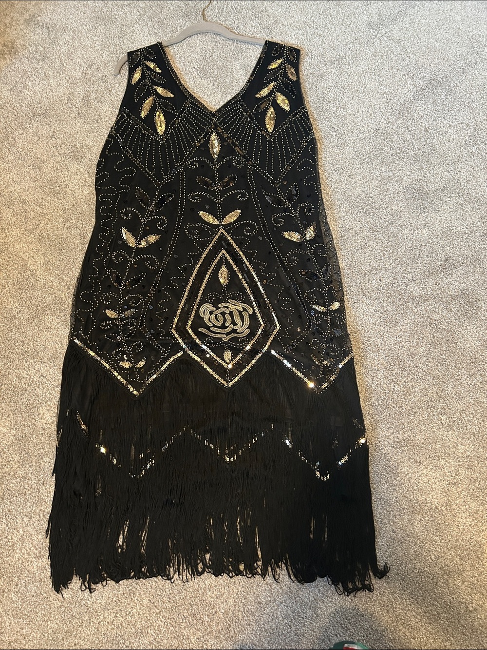 Vintage-Inspired Black & Gold Beaded Fringe Midi Dress